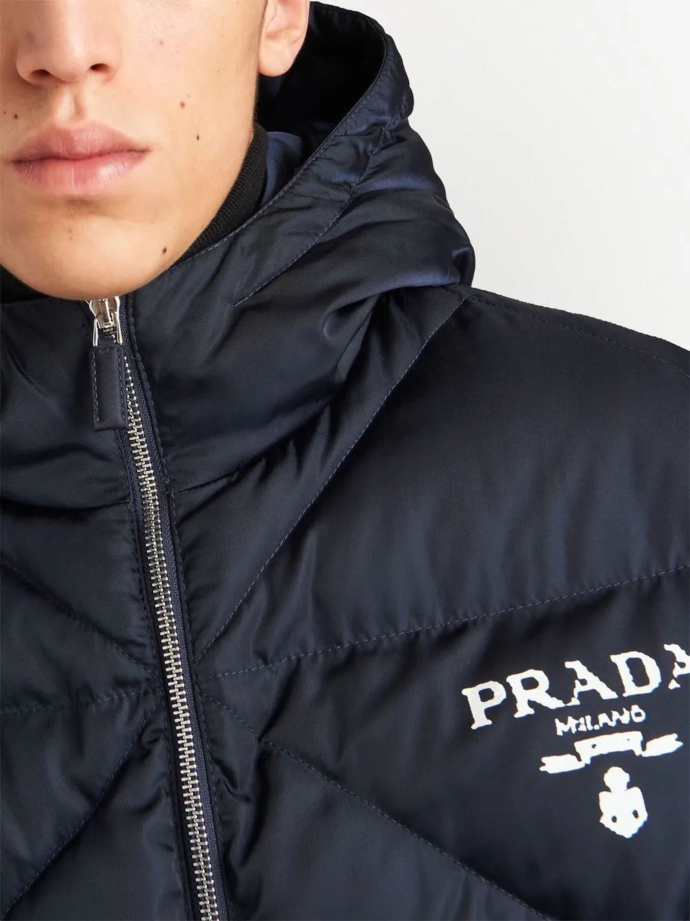 Shop Prada Embroidered Logo Puffer Jacket In Blue