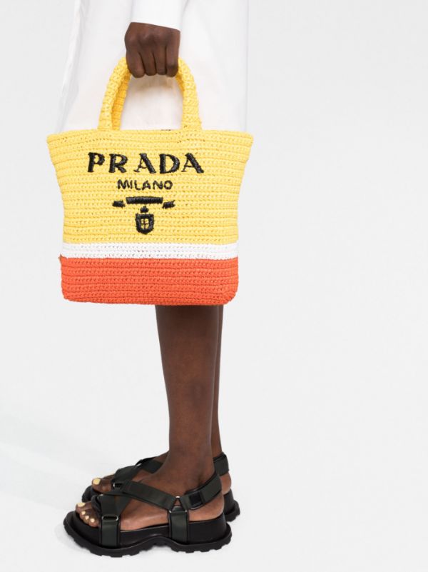 Prada logo-embroidered Striped Raffia Tote Bag - Farfetch