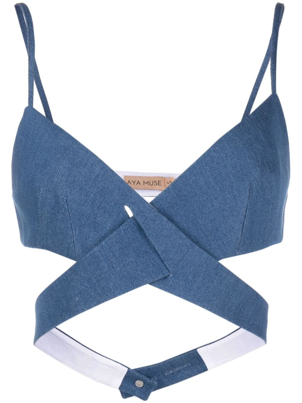 Aya Muse Blue Cross Front Denim Cropped Top