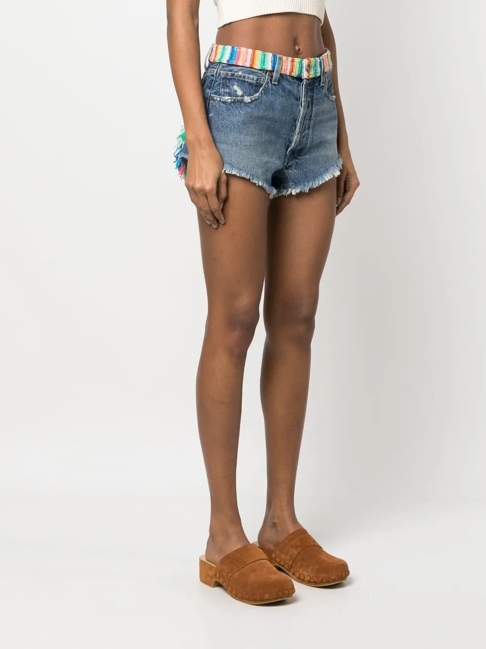 Shop Alanui Over The Rainbow Denim Shorts In Blue