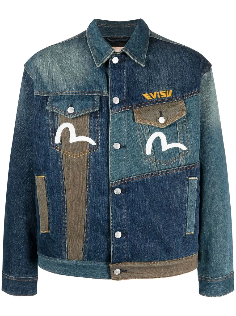 

EVISU logo-embroidered panelled denim jacket - Blue