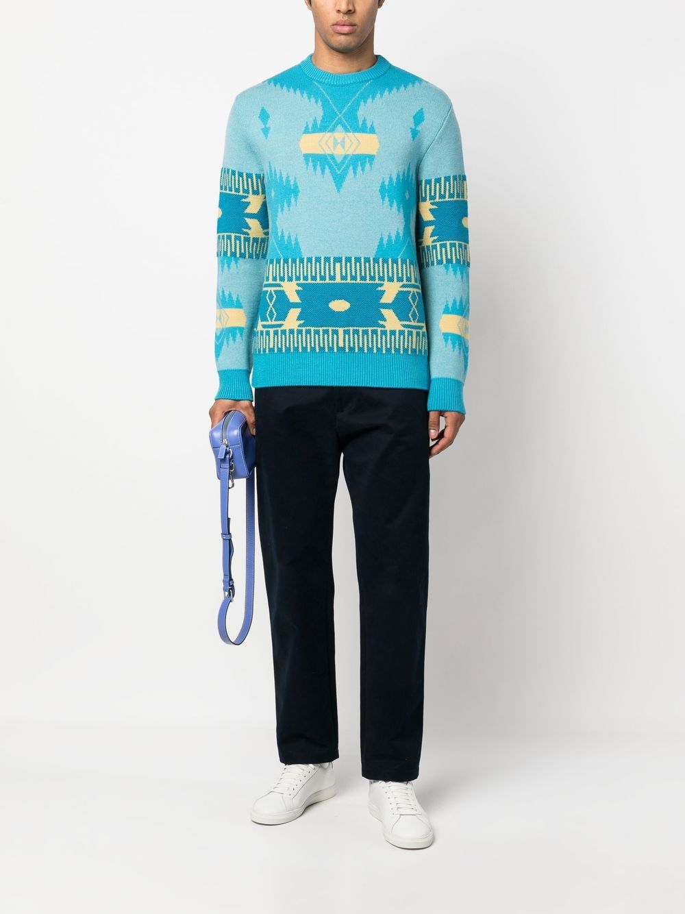 Shop Alanui Icon Jacquard-knit Virgin Wool Jumper In Blau