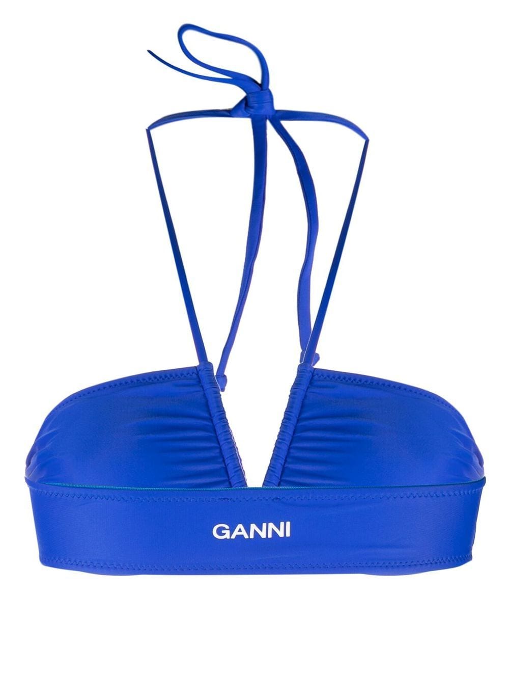 Shop Ganni Ruched Bikini Top In Blue