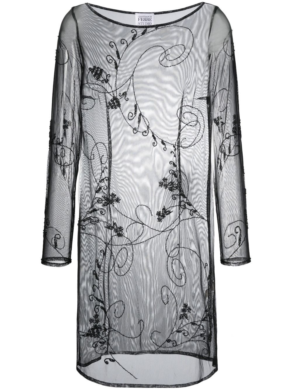 Pre-owned Gianfranco Ferre 1990s Floral-embroidered Long-sleeved Dress In Black