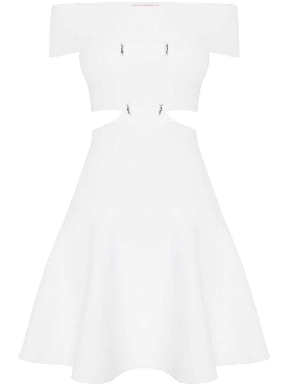 Shop Alexander Mcqueen Cut-out Off-shoulder Flared Mini Dress In White