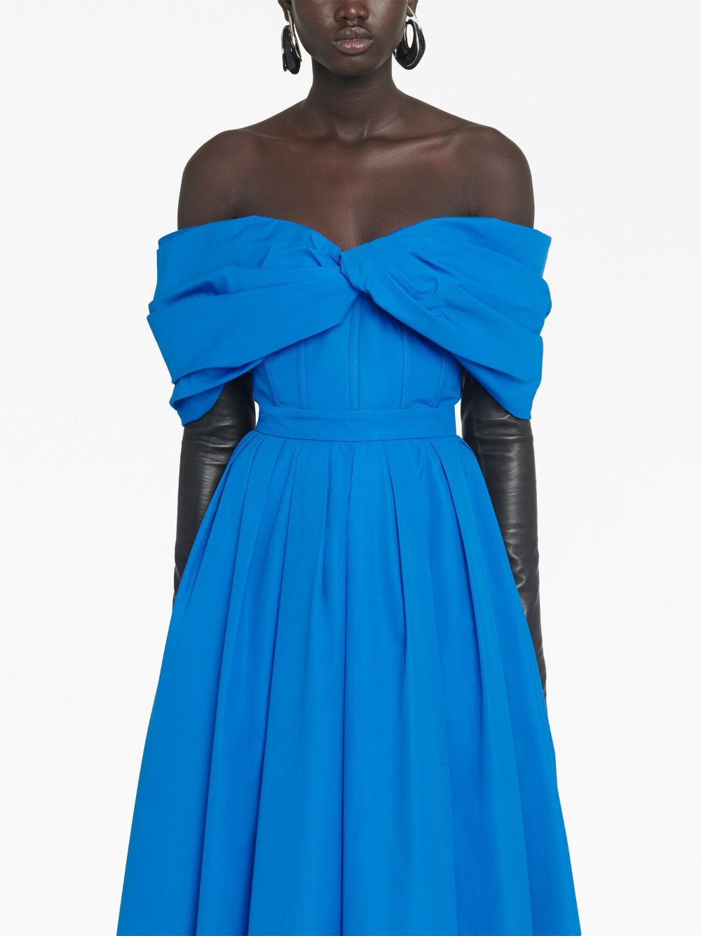 Shop Alexander Mcqueen Off-shoulder Bow-embellished Dress In Blue