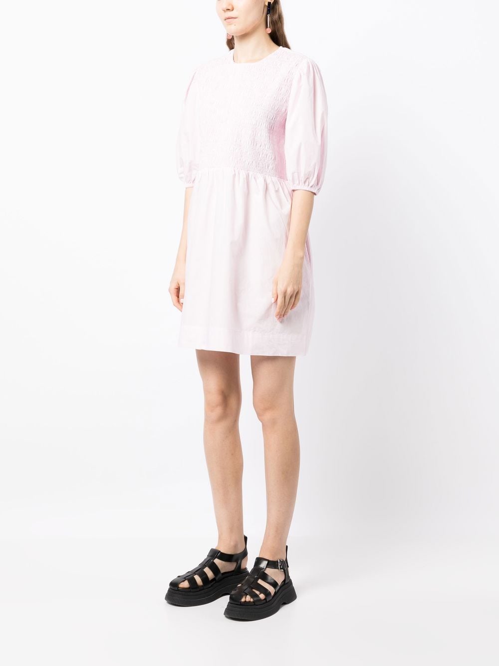 Shop Ganni Smocked Organic Cotton Mini Dress In Pink