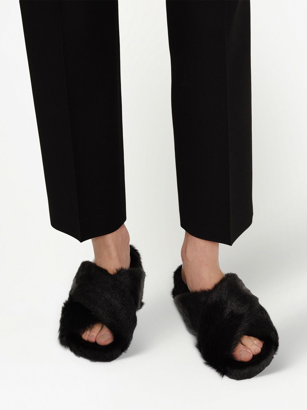 Shop Jil Sander Crossover-strap Fur Slides In 黑色