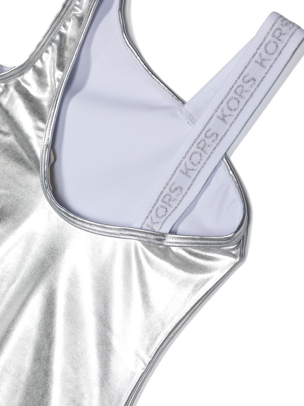 Shop Michael Kors Metallic-effect Logo-strap Swimsuit In Silver