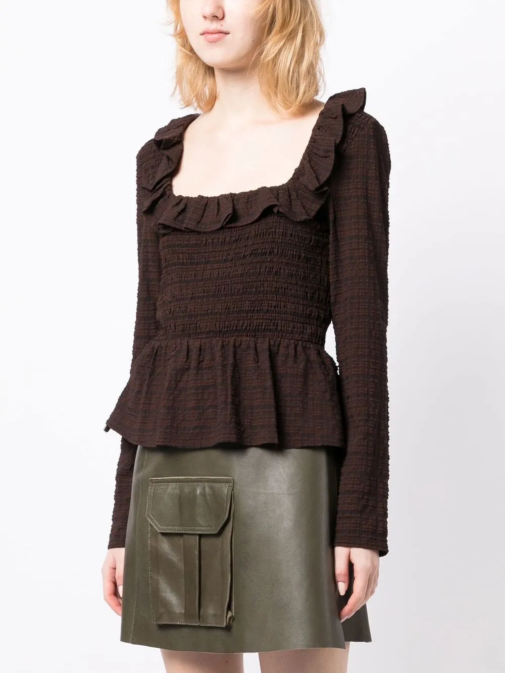 Ganni Brown Horizontal Stripe Blouse In Brown