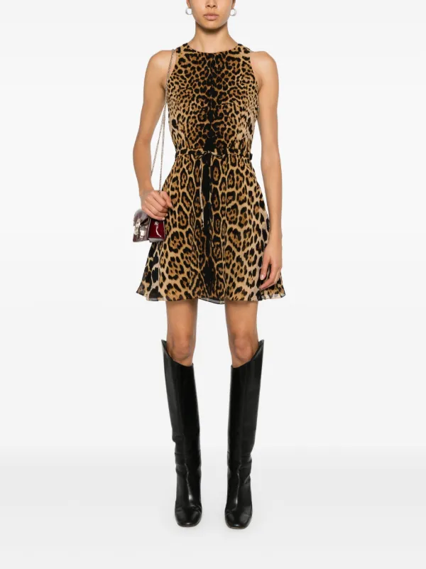 Saint Laurent Vestido Corto De Seda Con Estampado De Leopardo