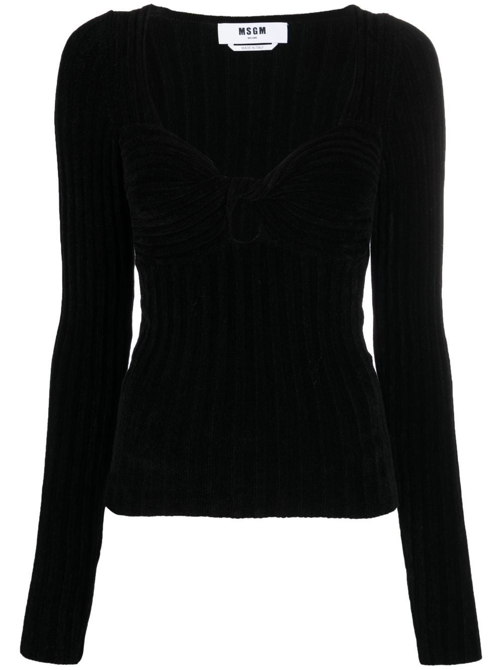 Msgm Twist-front Ribbed Long-sleeve Top In Black