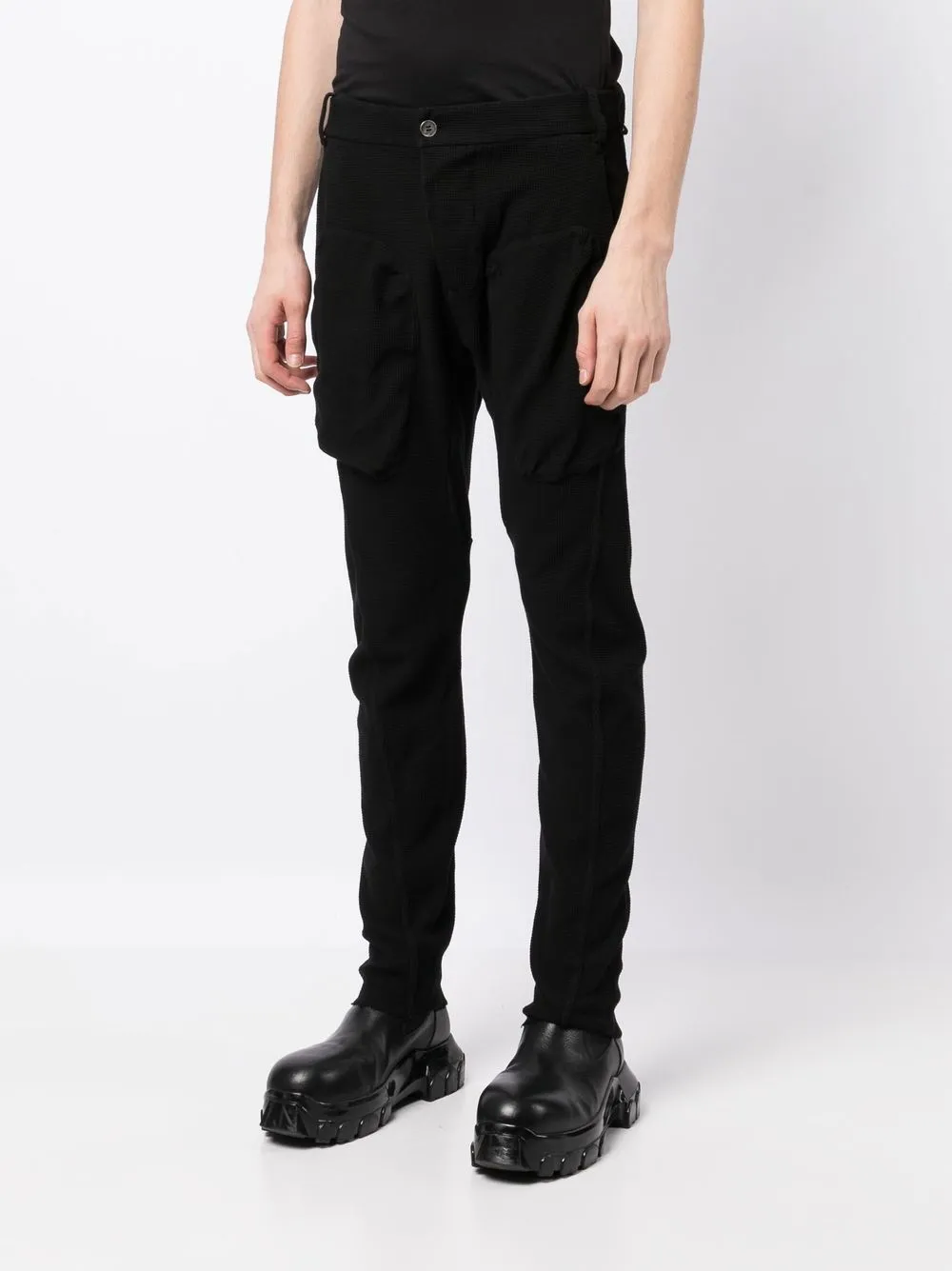 Shop Masnada Waffle-effect Cotton Slim Trousers In Black