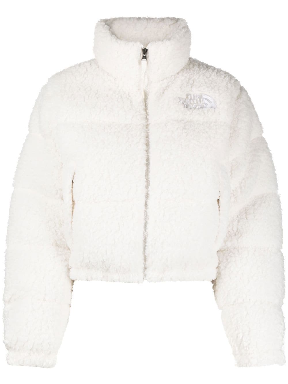 The North Face Nuptse Cropped Leopard Print Jacket In White-grey In ...
