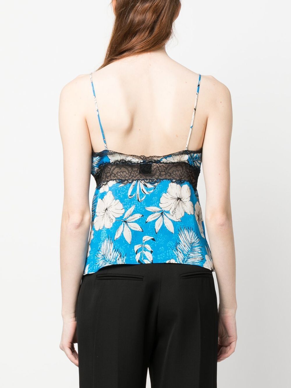 Shop Pinko Floral-print Lace-trimmed Top In Blau