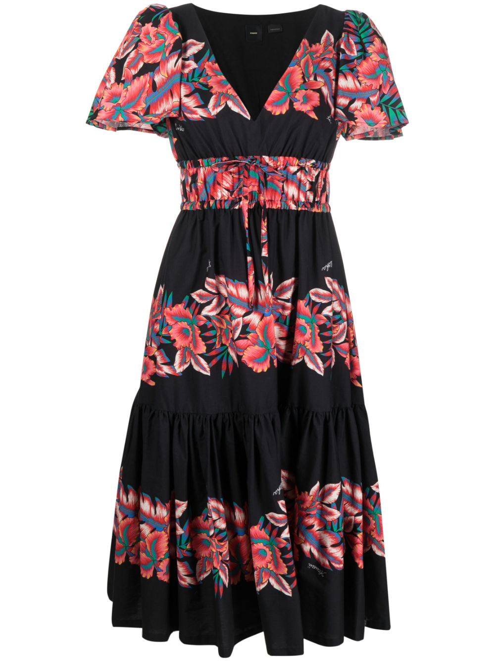 Pinko Floral-print Tiered Dress In Black