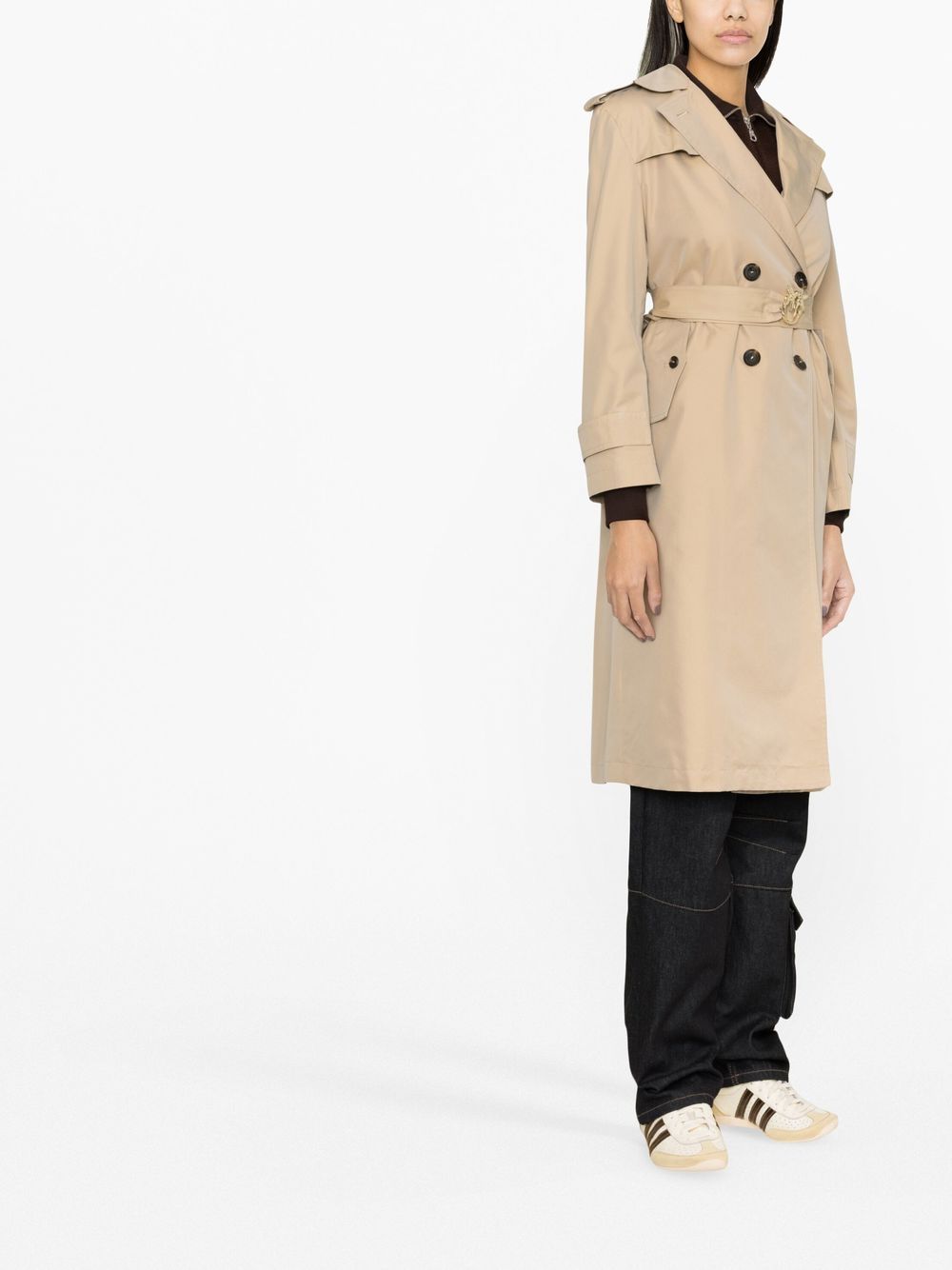 Shop Pinko Love Birds-buckle Trench Coat In Brown