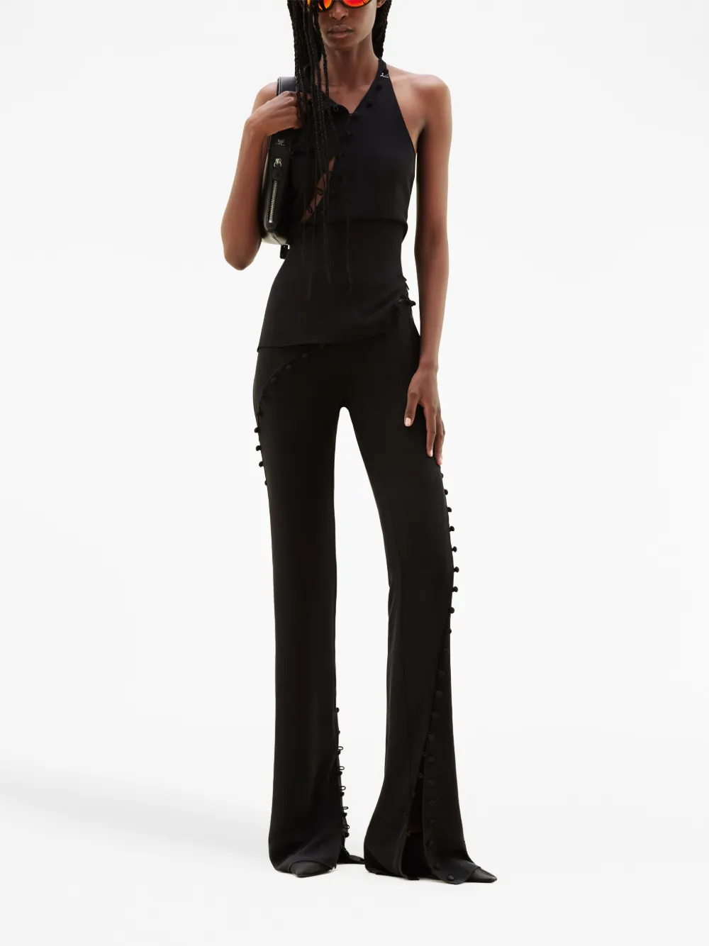 Shop Courrèges Cut-out Flared Silk Trousers In Black