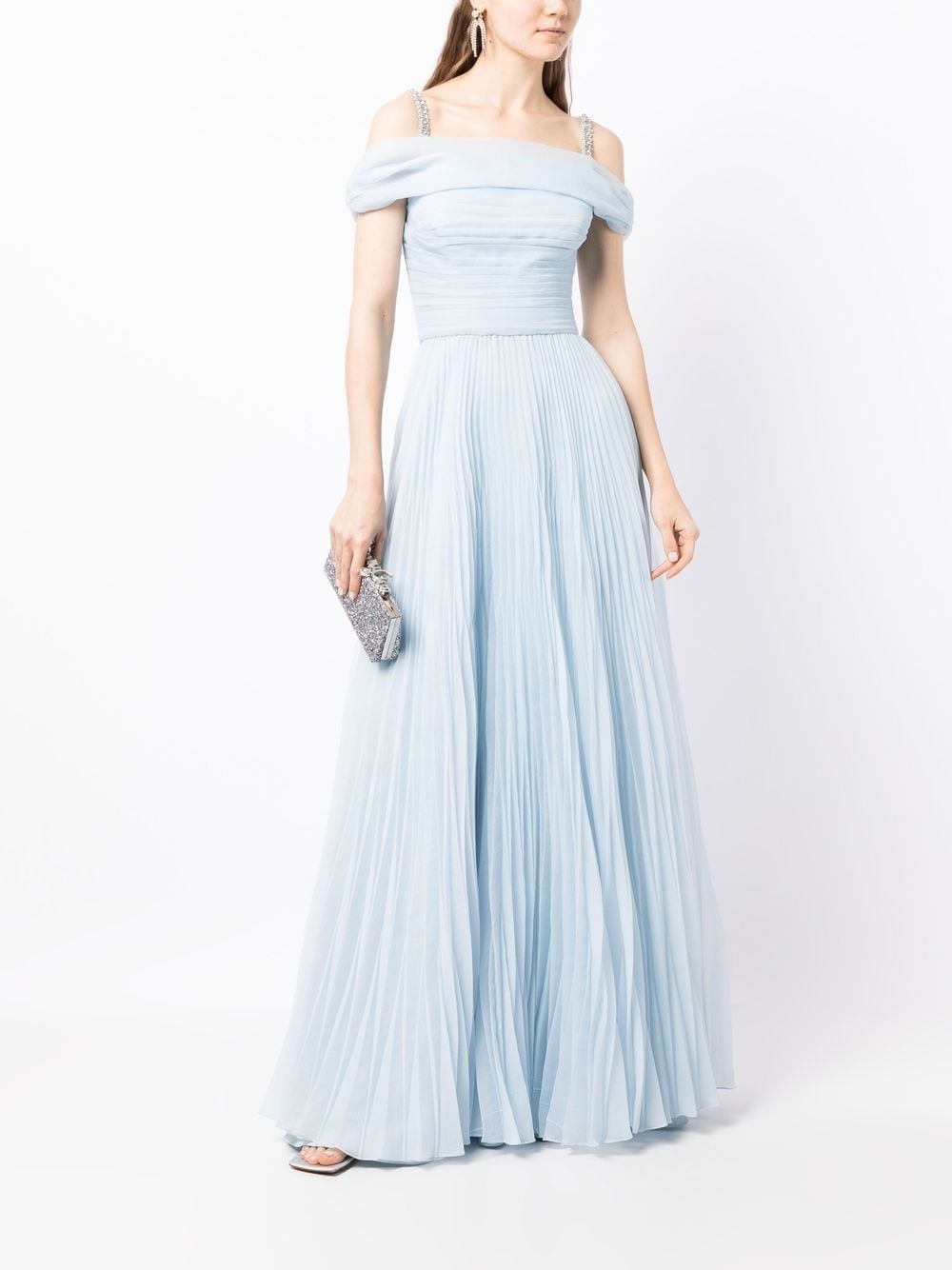 Shop Jenny Packham Crystal-strap Off-shoulder Gown In Blue