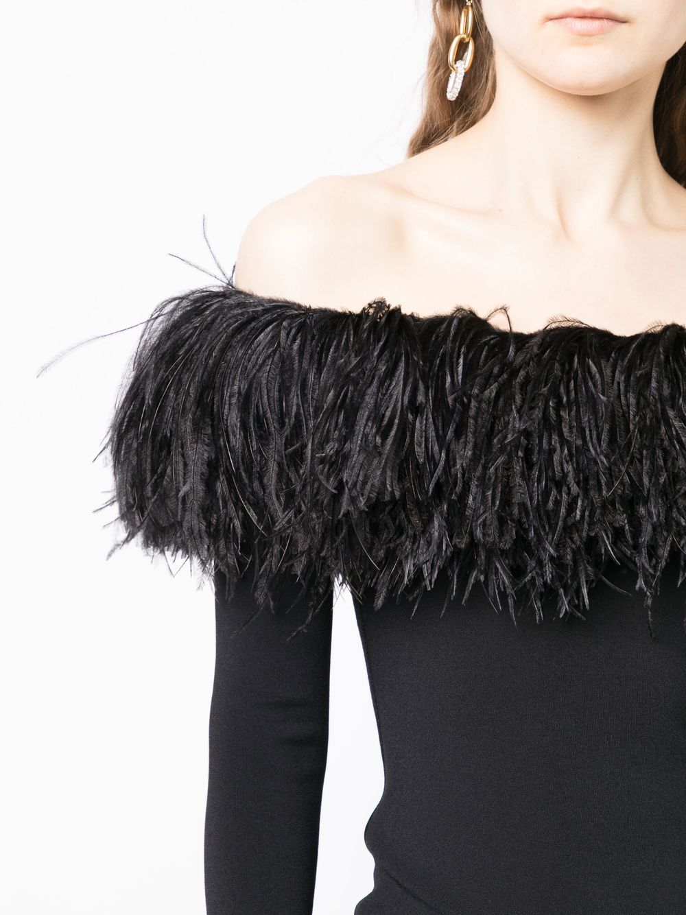 Shop Elie Saab Feather-trimmed Off-shoulder Dress In Black