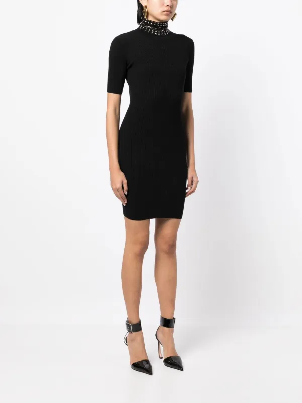 【関税&送料込】Versace Wool Blend Straight Mini Dress With Black Embellished silk crepe de chine and wool-blend mini