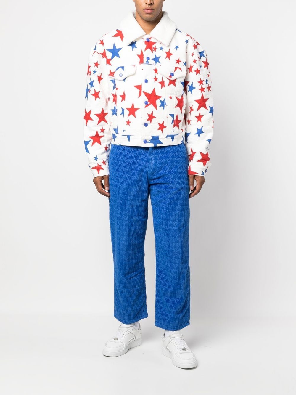 Shop Erl Star Print Faux-fur Collar Denim Jacket In White