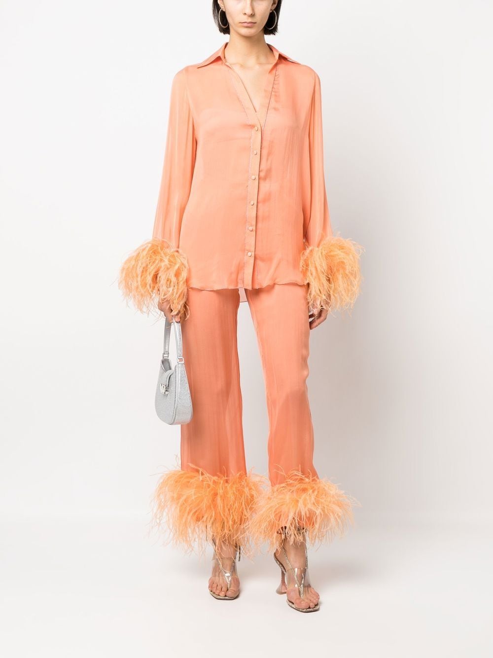 Shop Oseree Plumage Feather-trim Silk Shirt In Orange