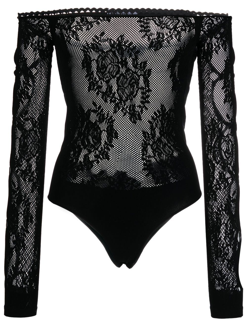 Black Bodysuit- Mesh and Scallop Lace Detail