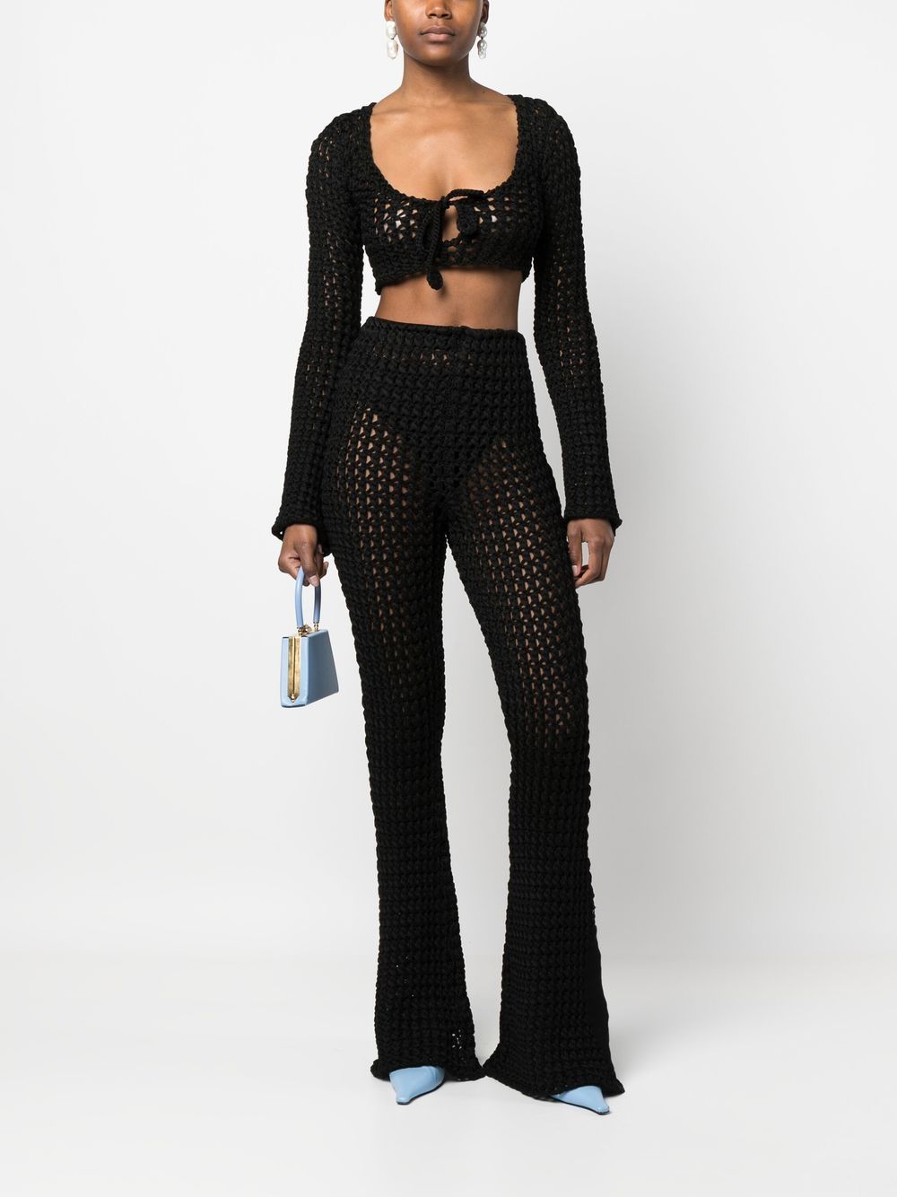 Shop Moschino Crochet-knit Flared Trousers In Black