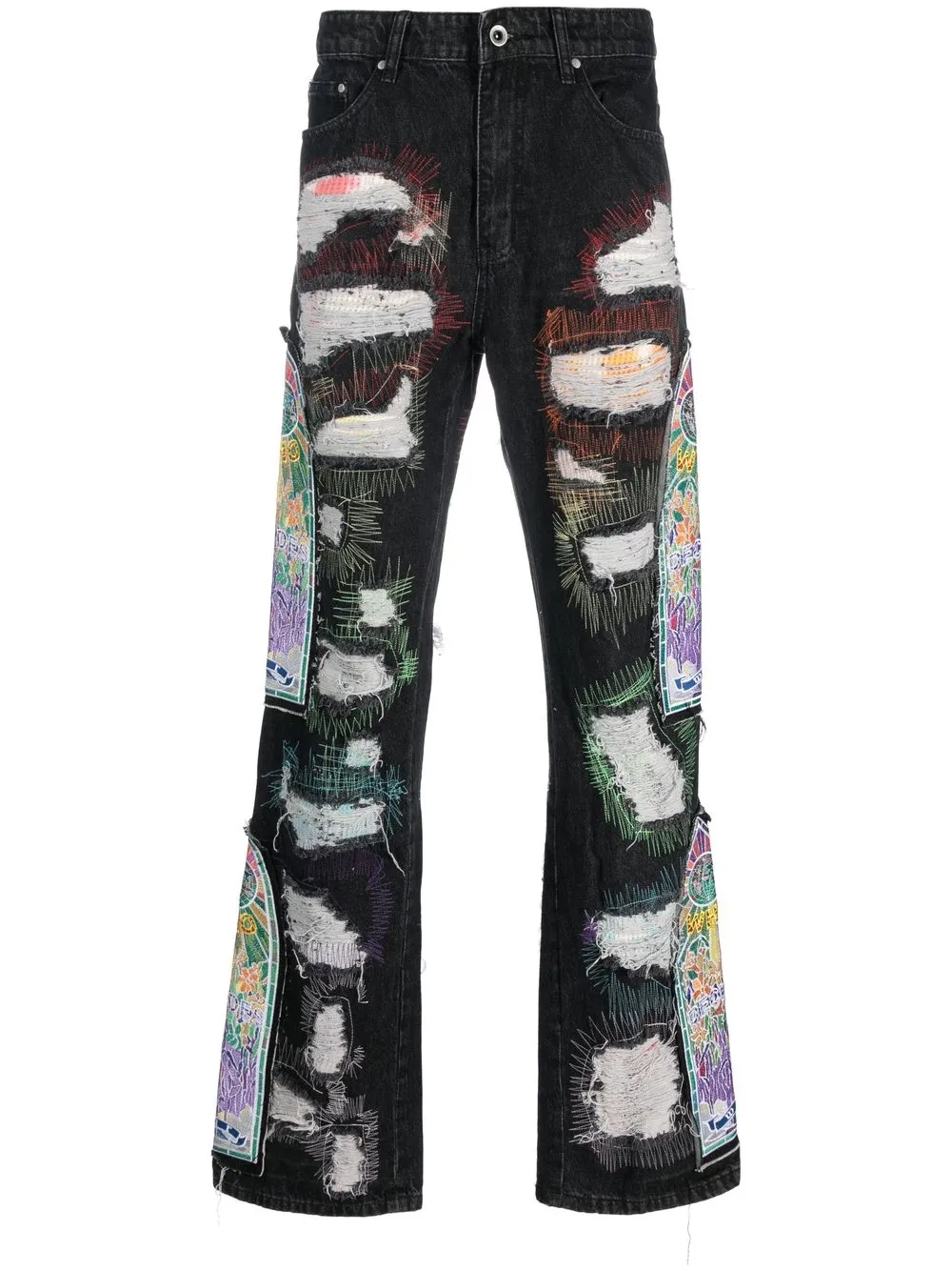 

Who Decides War distressed-finish embroidered jeans - Grey