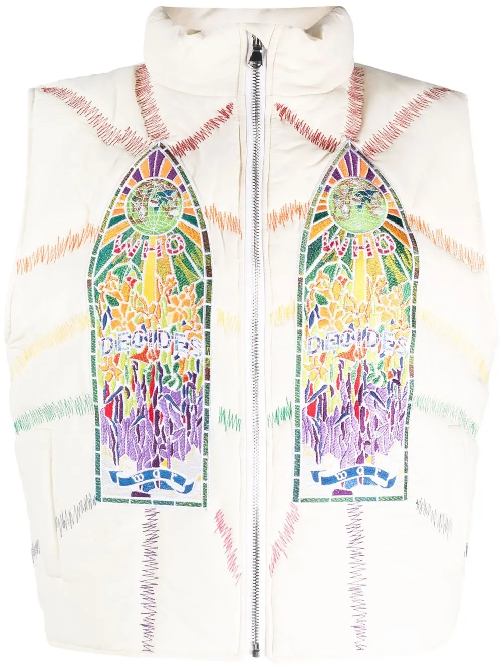 

Who Decides War graphic-print padded gilet - White