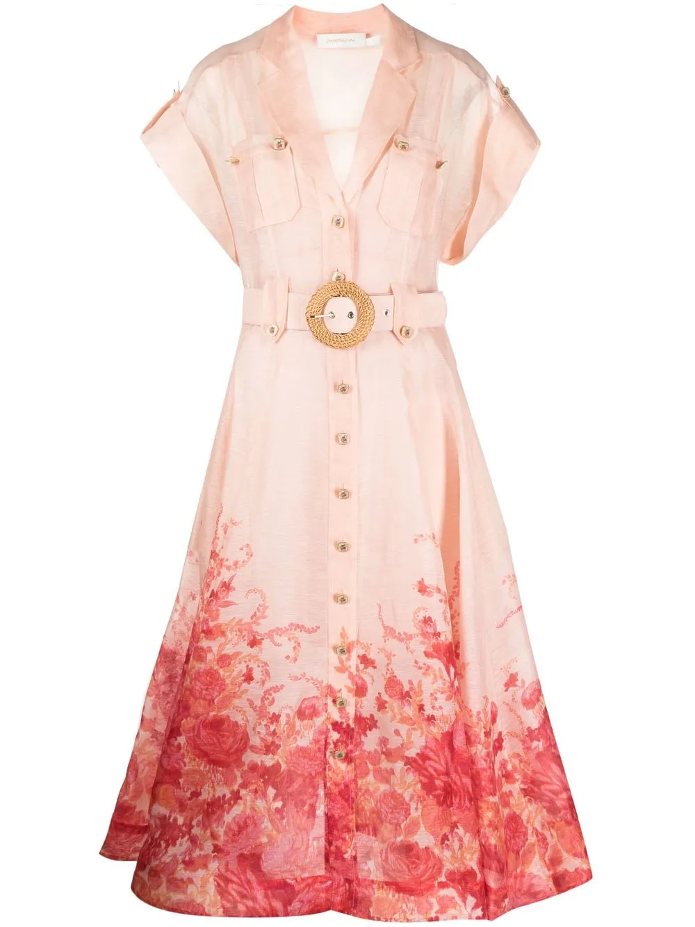 Zimmermann High Tide Belted Floral-print Linen And Silk-blend Midi Dress In Pink