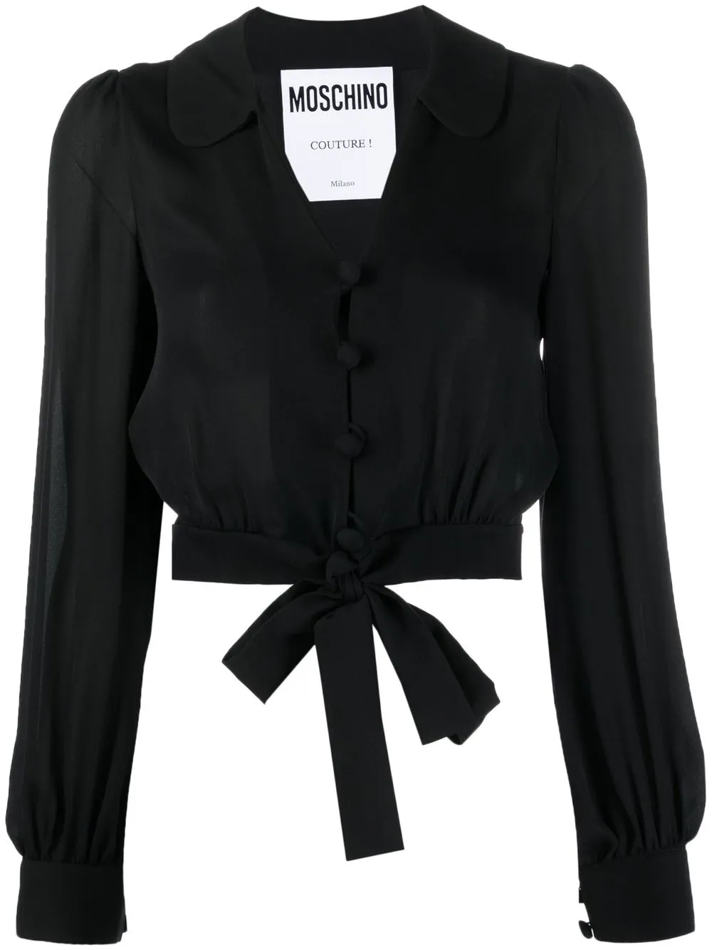 Shop Moschino Cropped Tied-hem Silk Blouse In Black