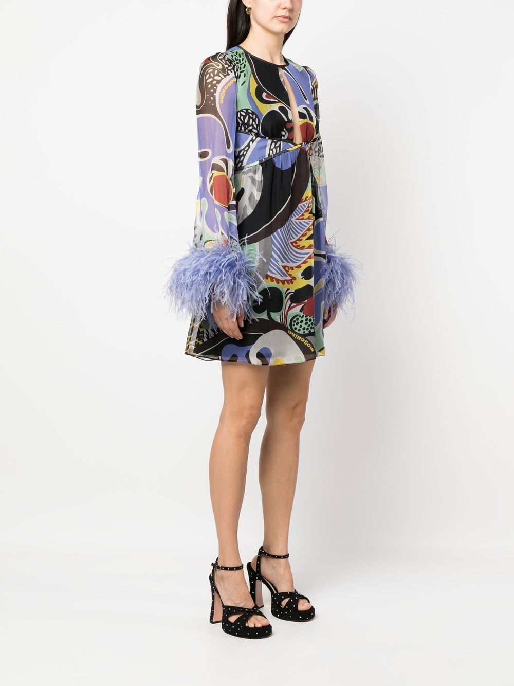 Shop Moschino Feather-trim Psychedelic Print Dress In Black