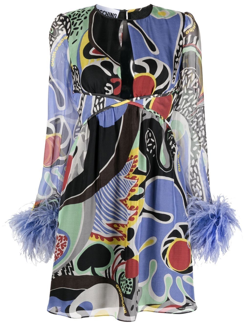 Shop Moschino Feather-trim Psychedelic Print Dress In Black