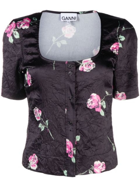 GANNI floral-print crinkled satin blouse Women