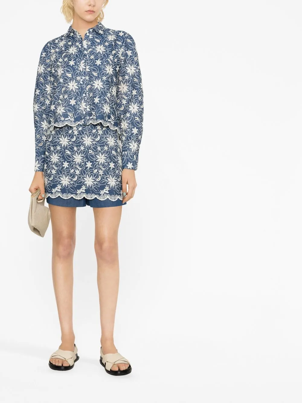 Maje Shorts met geborduurde bloemen - Blauw