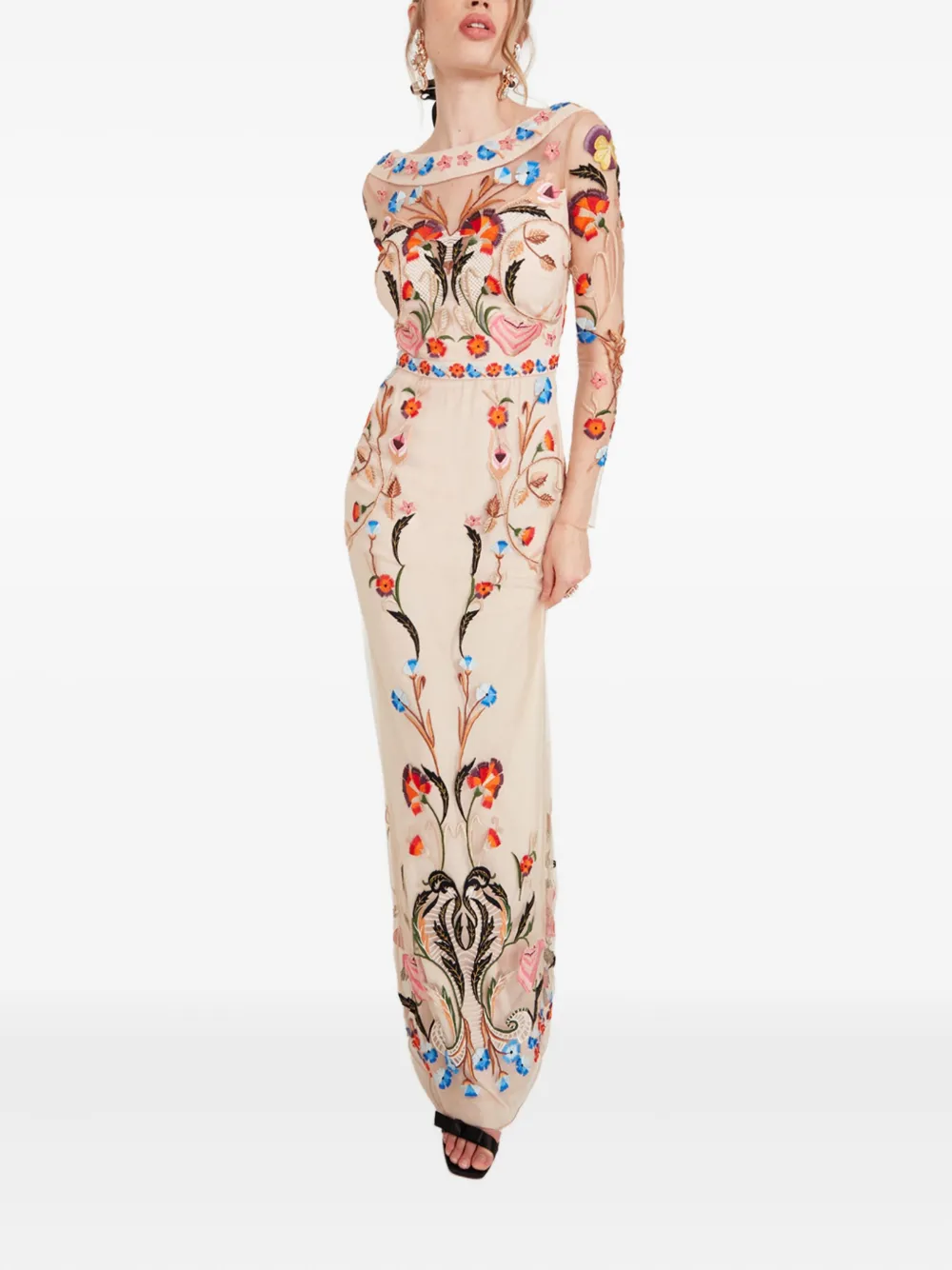 Temperley London Toledo floral-embroidered long-sleeve dress Beige
