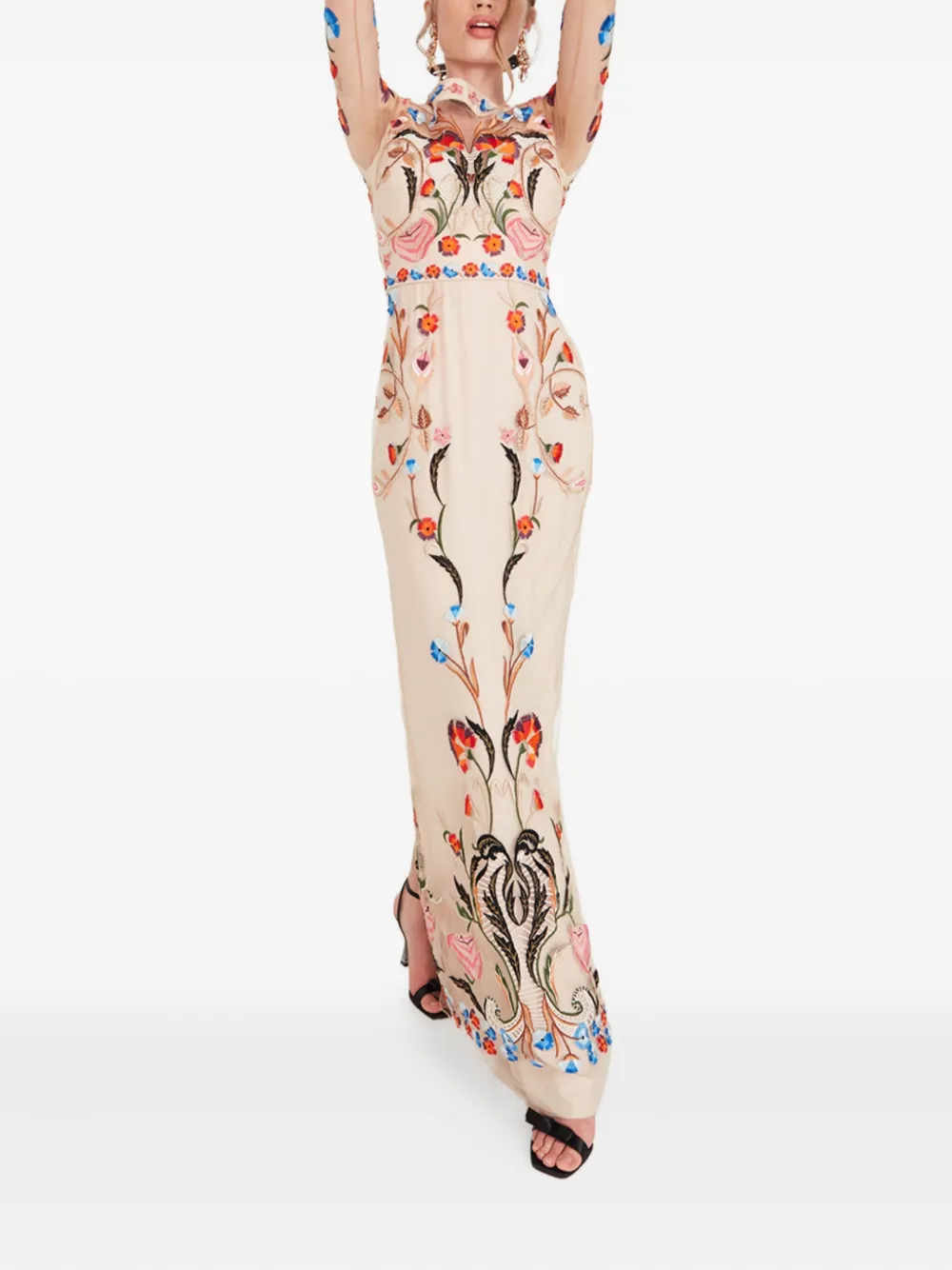 Temperley London Toledo floral-embroidered long-sleeve dress Beige
