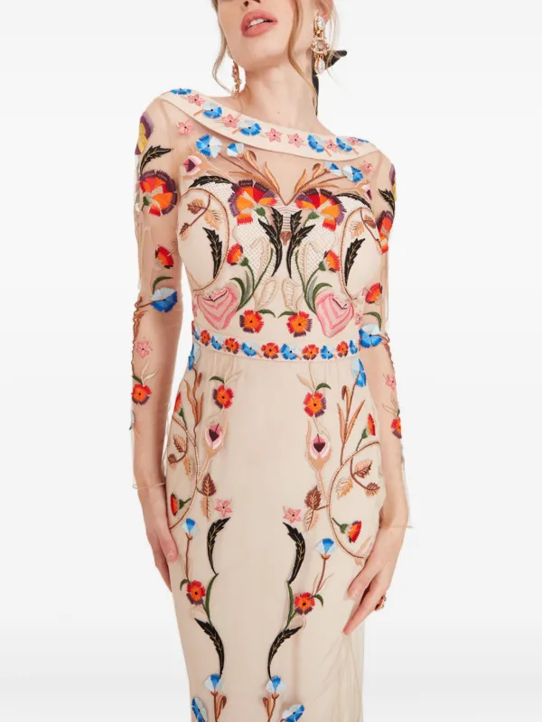 Temperley London Floral-embroidered Long-sleeve Dress - Neutrals