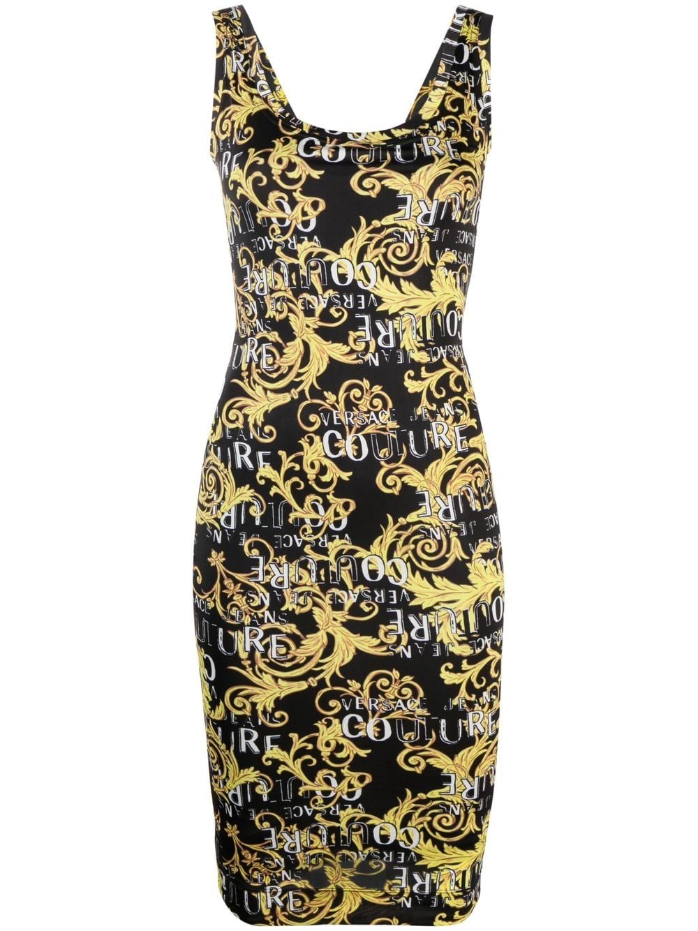 Versace Jeans Couture Black Graphic Midi Dress In Eg89 Black/gold