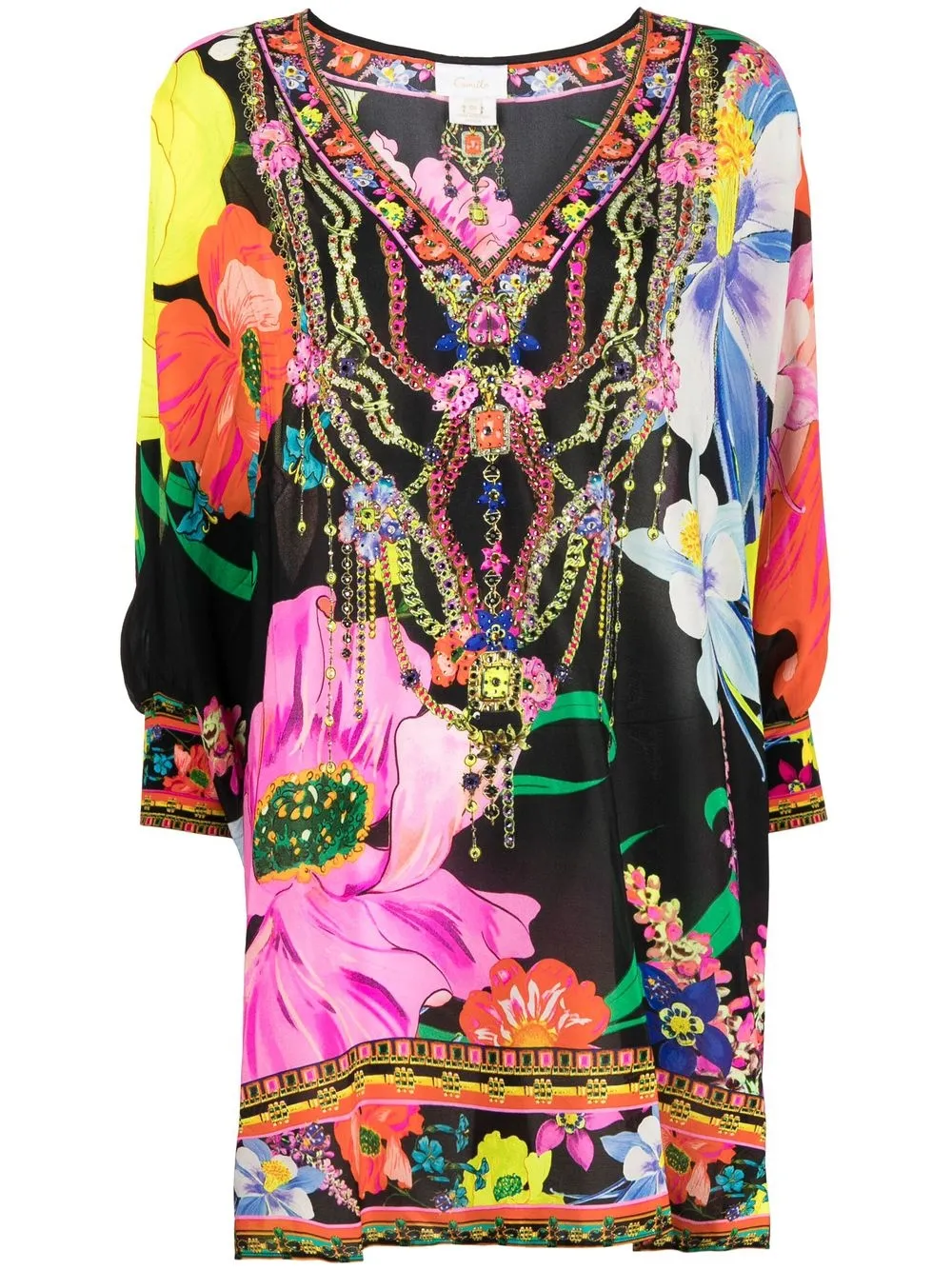 

Camilla floral-print silk beach coverup - Black