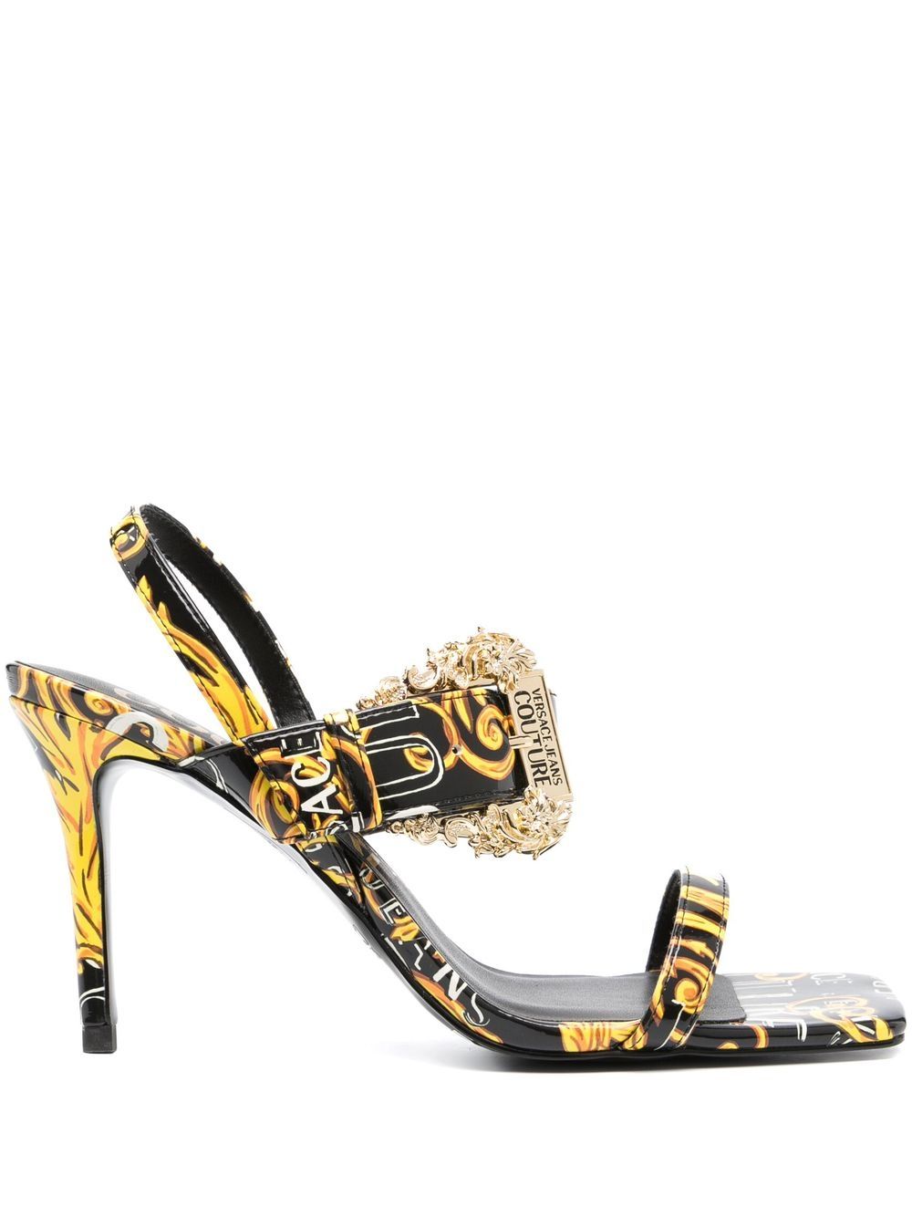 Versace Jeans Couture Baroque-print 90mm Square-toe Sandals In Black, Gold