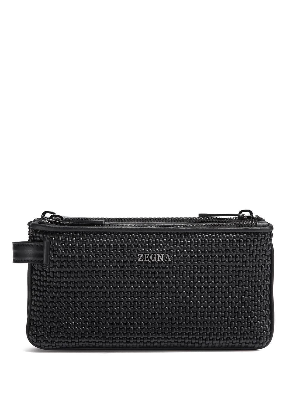 Zegna Black Pelletessuta Leather Triple Zip Pouch