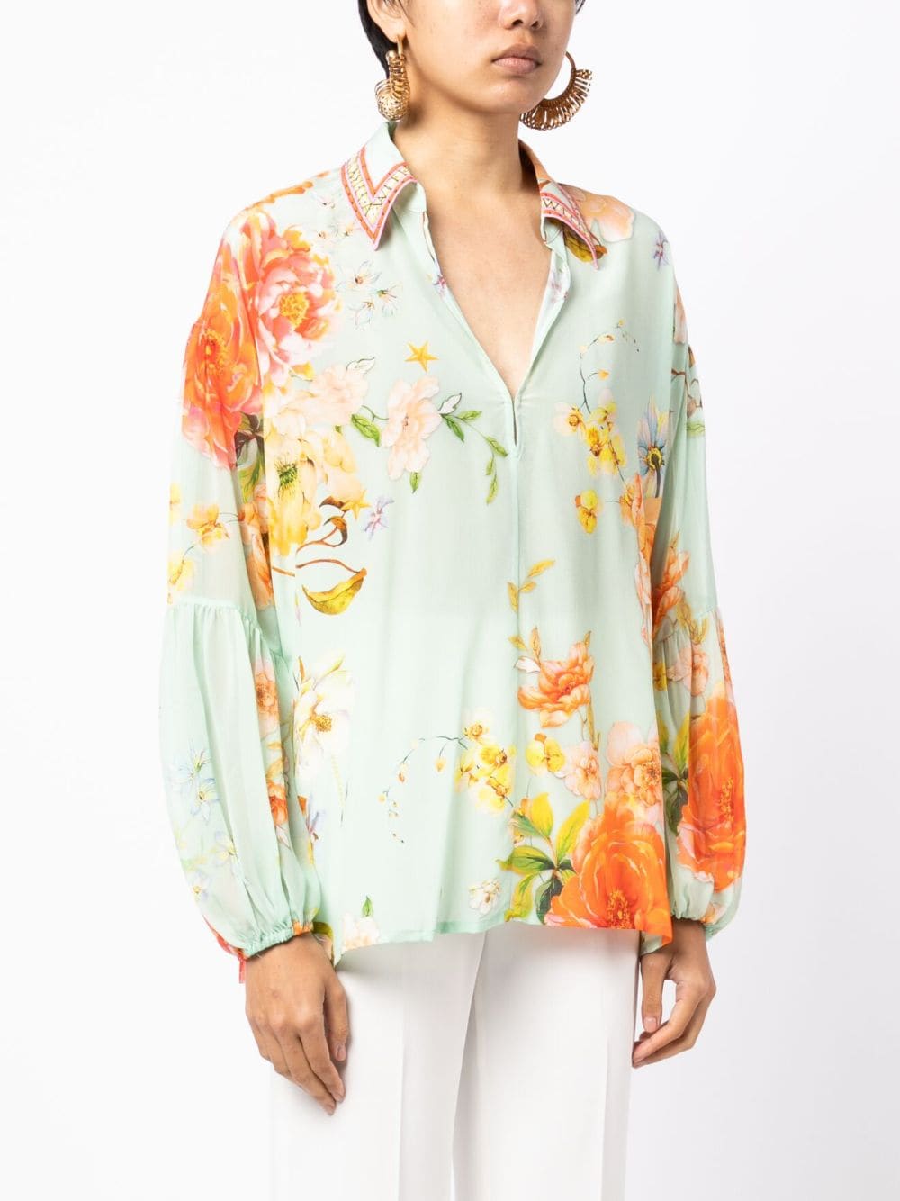 Shop Camilla Vintage Collar Floral-print Blouse In Green