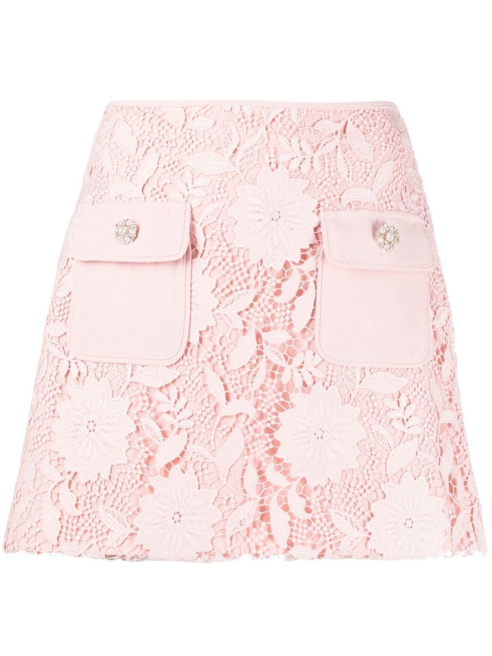 Self-portrait Crystal Embellished Flap Pocket Guipure Lace Mini Skirt In Pink