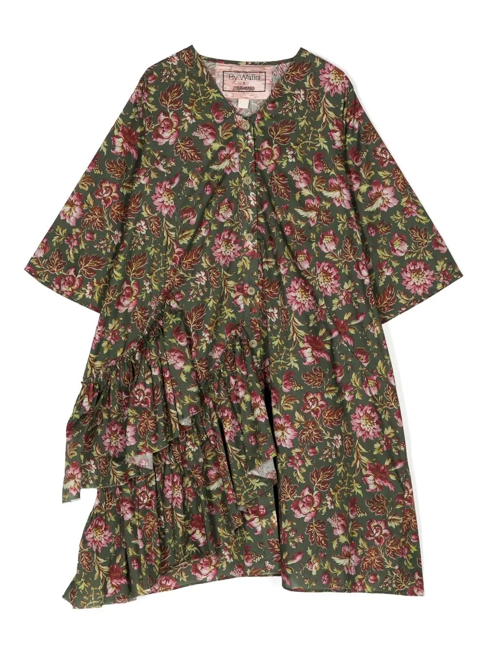 By Walid Kids' Floral-print V-neck Dress In Green