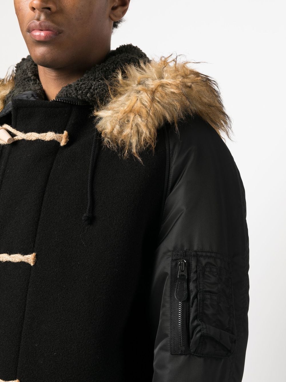Shop Junya Watanabe Contrast-sleeve Duffle Coat In Black