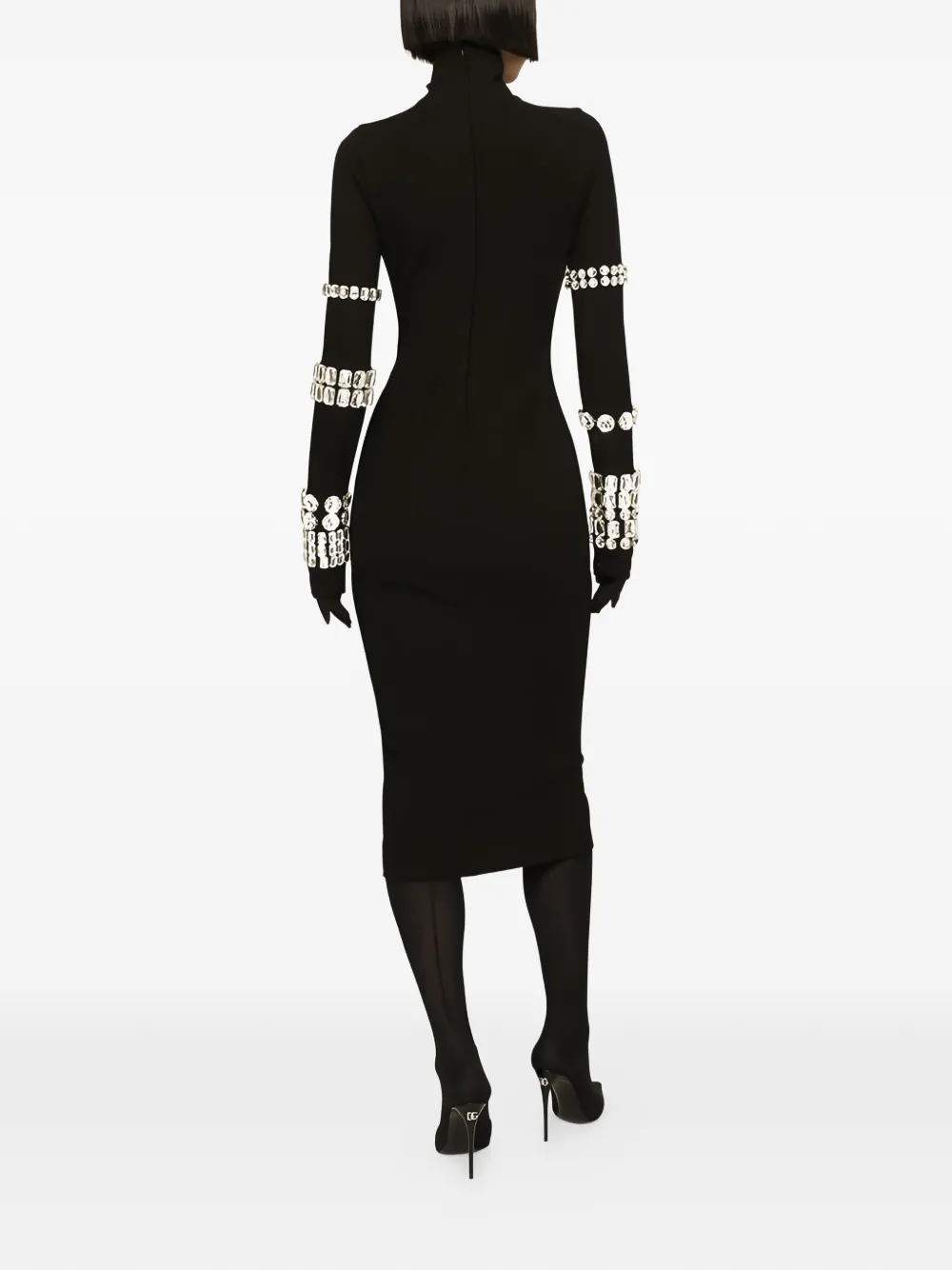 Dolce & Gabbana Kim Calf-Length Dress in Jersey Milano Rib with Rhinestones - Black - 38