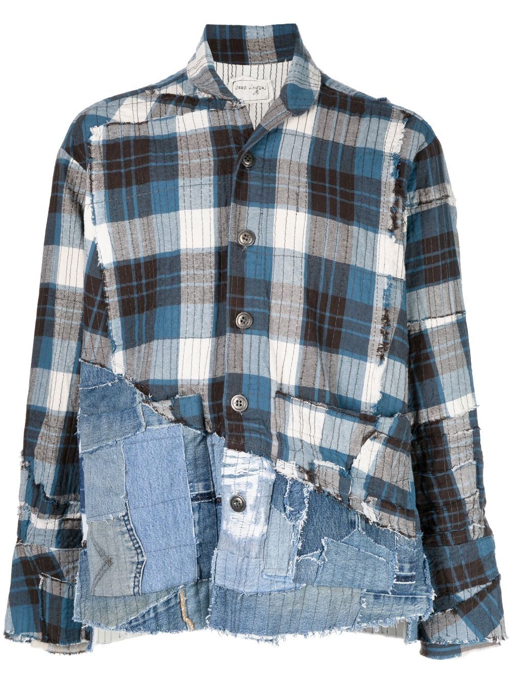Shop Greg Lauren Denim-panel Patchwork Shirt In Blue